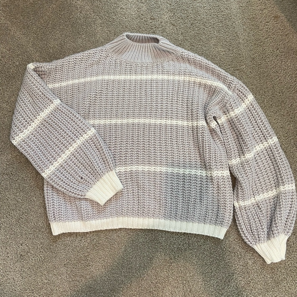 Striped Mock Neck Drop Shoulder Sweater